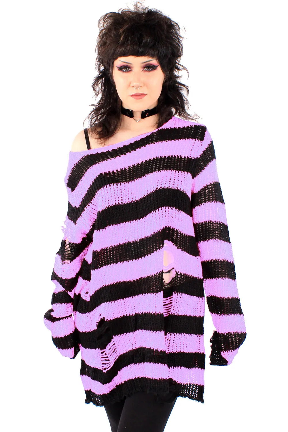 Purple Tripp Nyc Striped Sweater Lilac/Black Striped Distressed