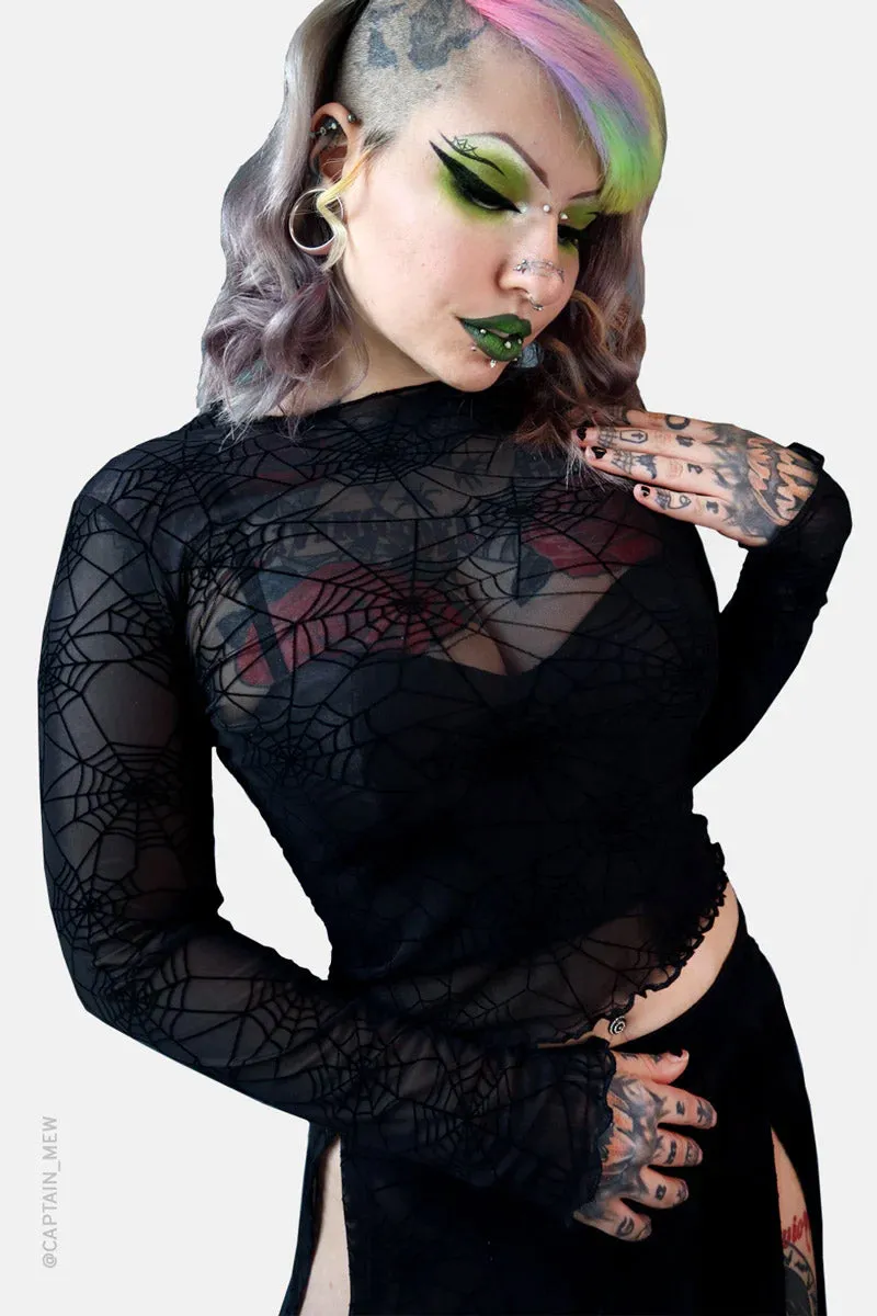 Spider Web Mesh Long Sleeve Crop Top sold by Vampire Freaks