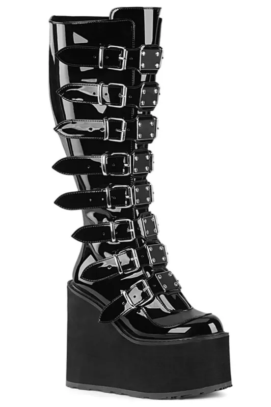 Deadly Hallows Wide-Calf Patent Platforms [SWING-815WC Boots] sold by Vampire Freaks