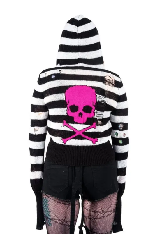 Pink Skull Striped Zip Up Cardigan Sweater sold by Vampire Freaks