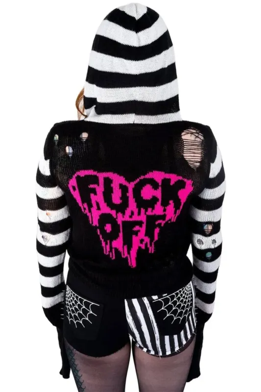 F Off Pink Heart Zip Up Cardigan Sweater sold by Vampire Freaks