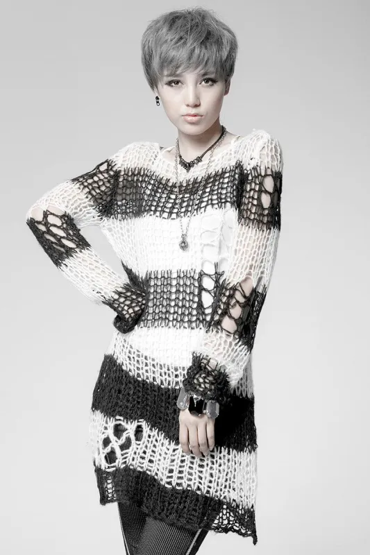 Punk Rave Damage Striped Sweater [Black/White] sold by Vampire Freaks