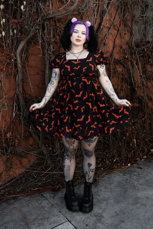 Luna Bats Puff Dress [BLACK/ORANGE] sold by Vampire Freaks
