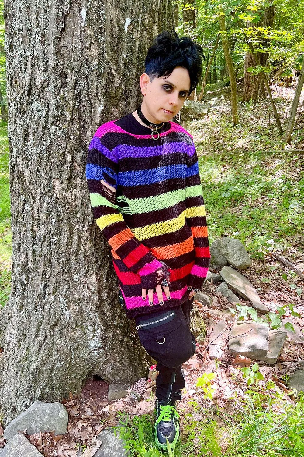 Black Rainbow Striped Distressed Sweater sold by Vampire Freaks