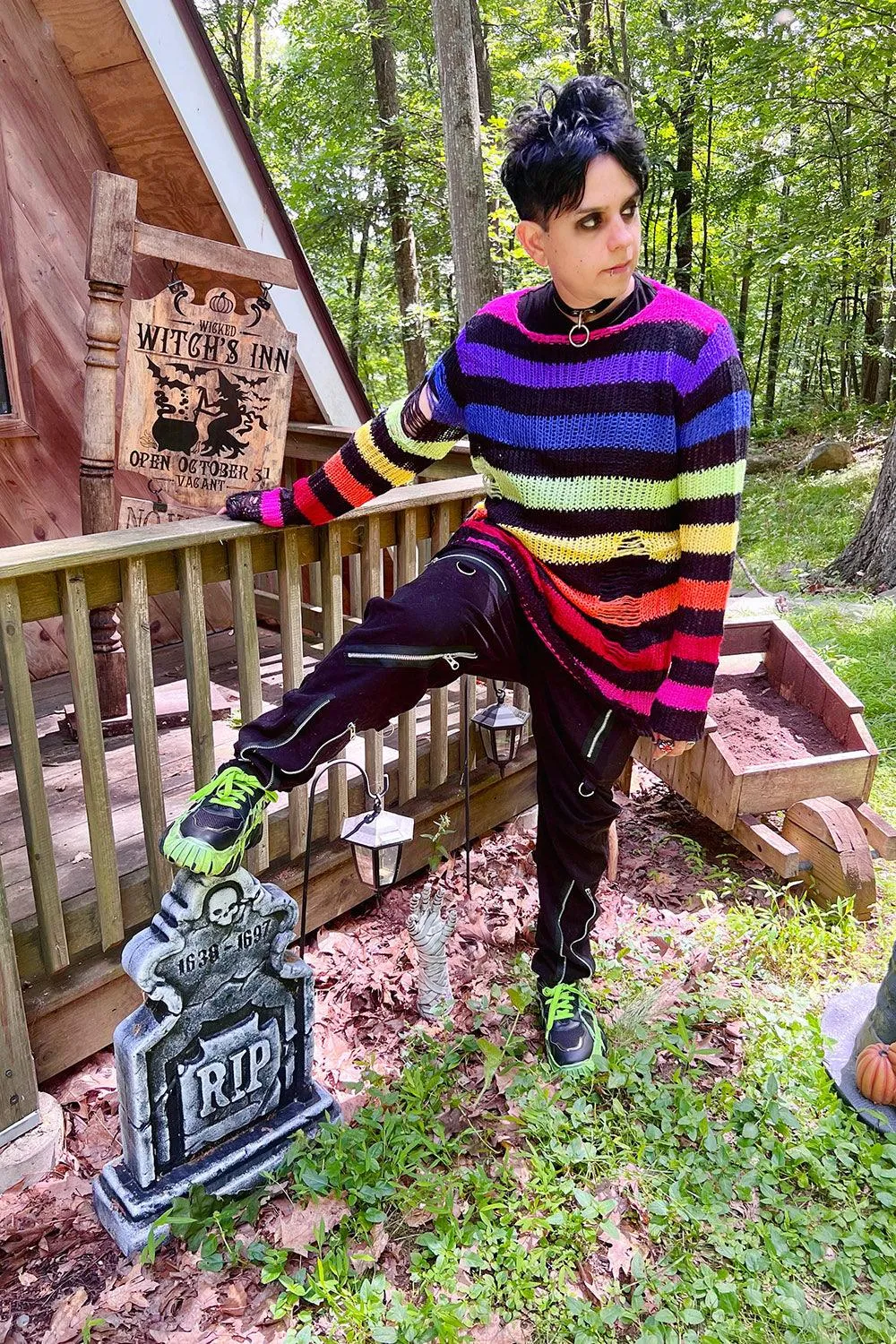 Black Rainbow Striped Distressed Sweater sold by Vampire Freaks product image thumbnail 4