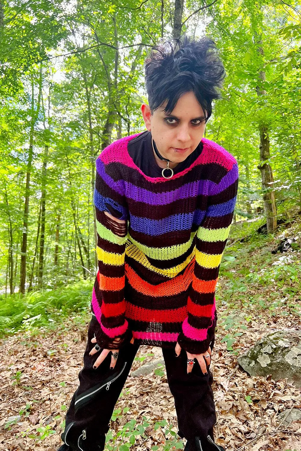 Black Rainbow Striped Distressed Sweater sold by Vampire Freaks product image thumbnail 3