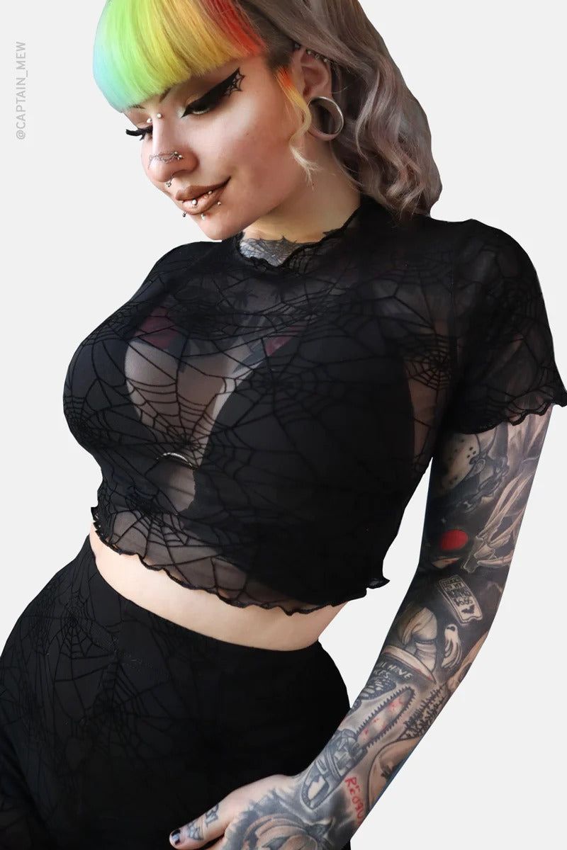 Spiderweb Mesh Short Sleeve Crop Top sold by Vampire Freaks
