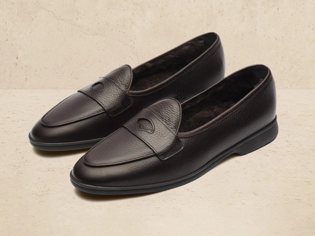Stride Penny Loafers in Dark Brown Moorland Calf with Shearling Lining sold by Baudoin & Lange