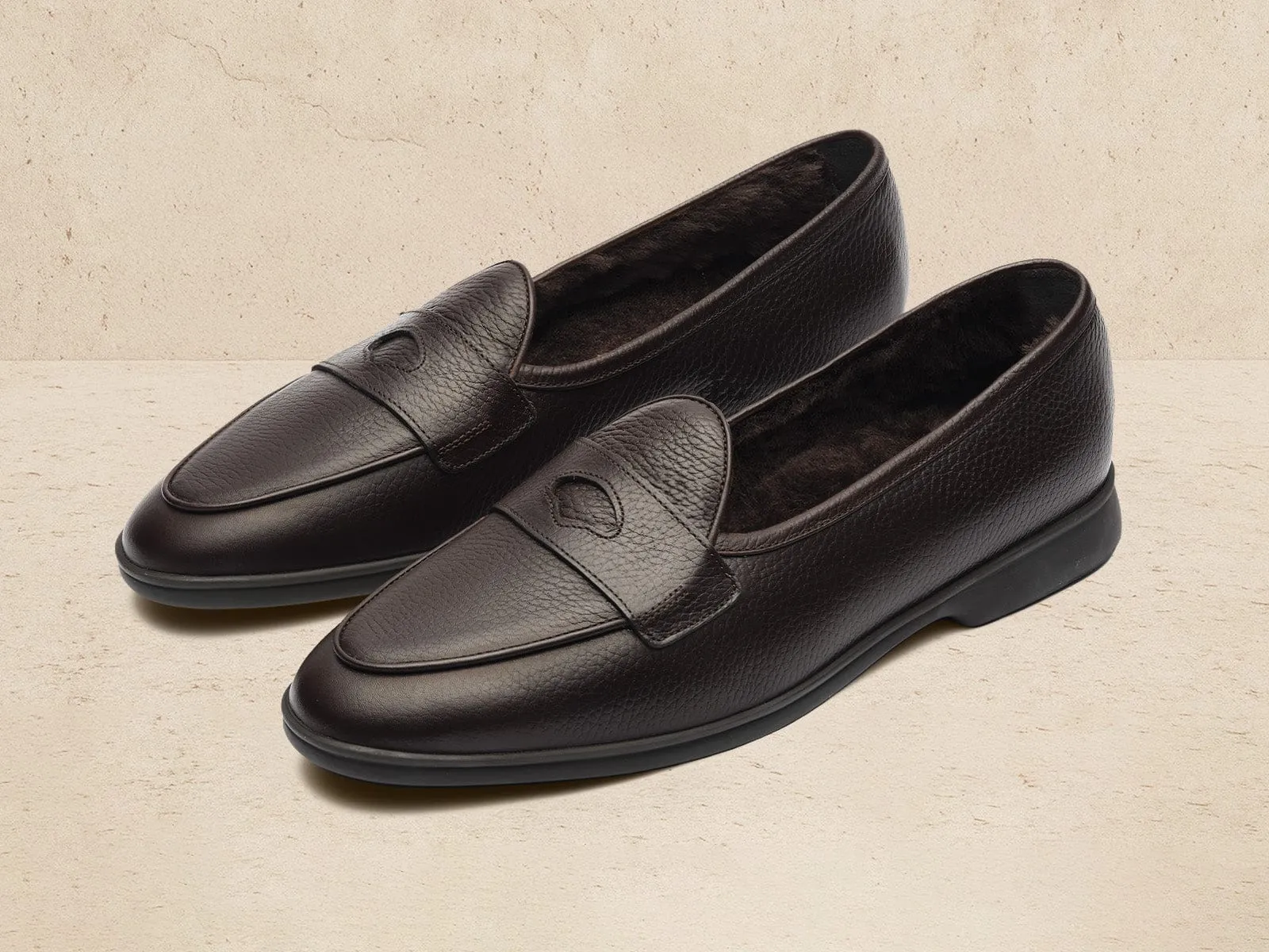 Stride Penny Loafers in Dark Brown Moorland Calf with Shearling Lining sold by Baudoin & Lange