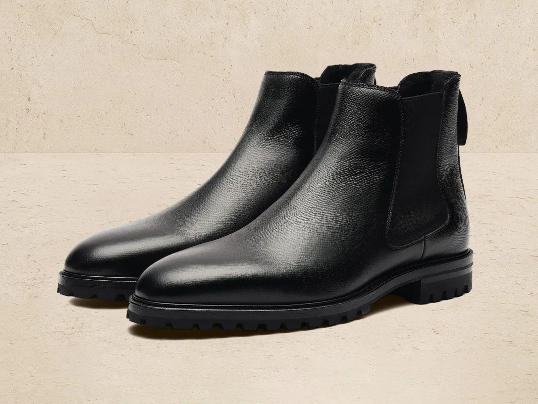 Ribot Boots in Black Hatch Grain Calf with Shearling sold by Baudoin & Lange