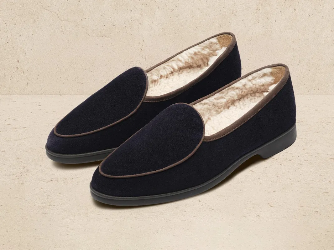 Stride Loafers in Midnight Navy Suede with Shearling Lining sold by Baudoin & Lange