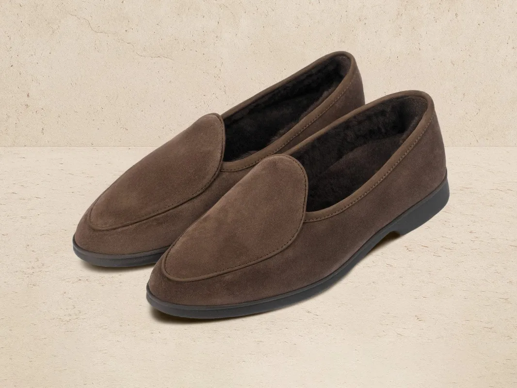 Stride Loafers in Deep Taupe Suede with Shearling Lining Dark Sole sold by Baudoin & Lange