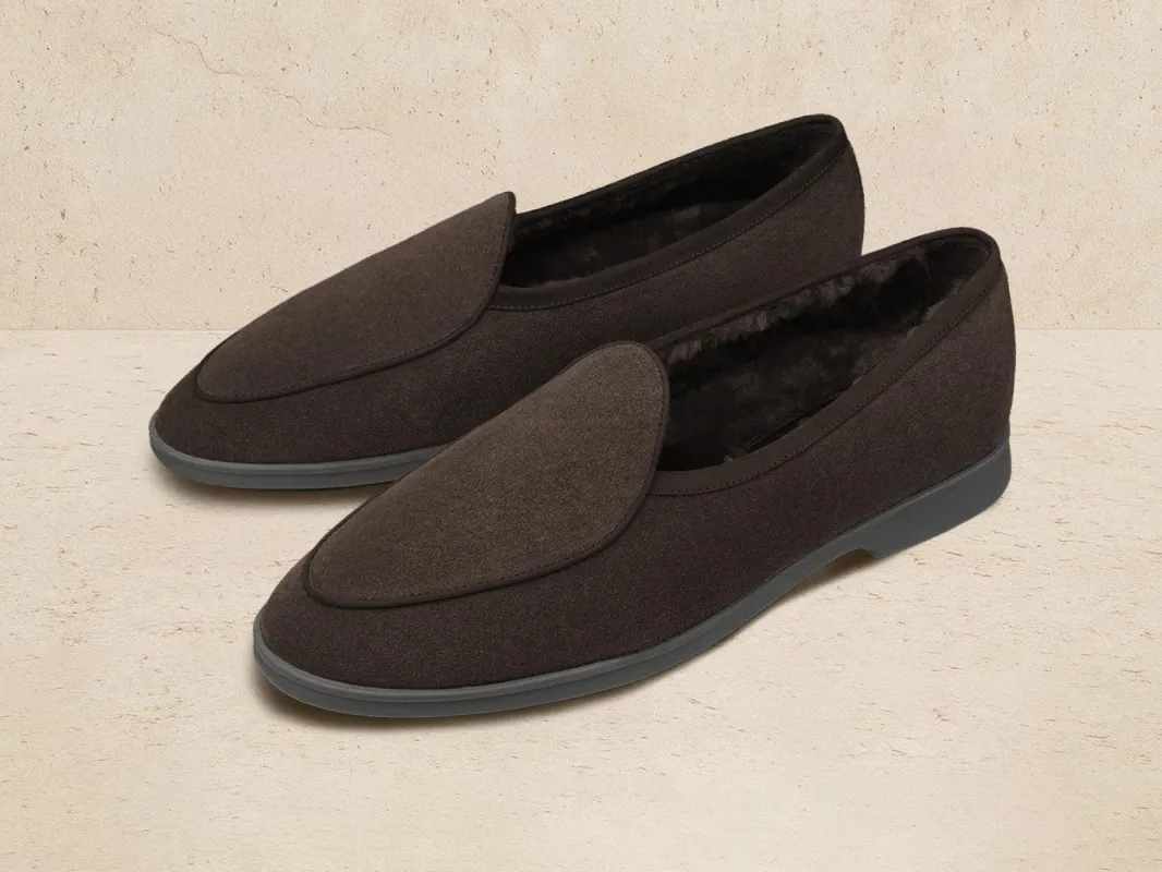 Stride Loafers in Dark Brown Glove Suede with Shearling Lining Dark Sole sold by Baudoin & Lange