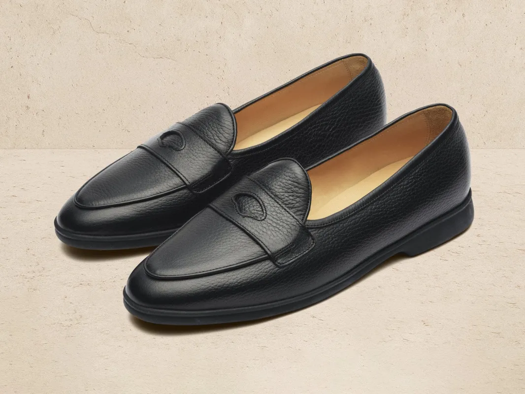 Stride Penny Loafers in Black Moorland Calf with Dark Sole sold by Baudoin & Lange
