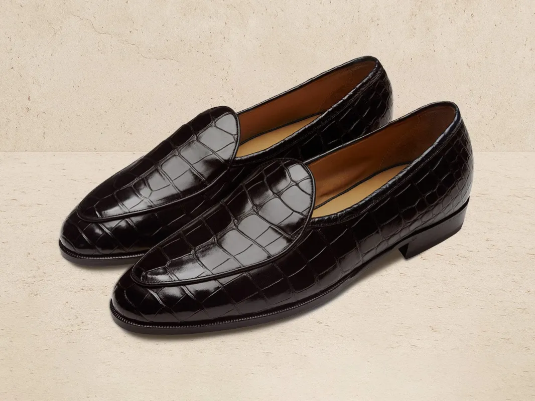 Sagan Classic Precious Leather Loafers in Dark Brown Crocodile made by Baudoin & Lange