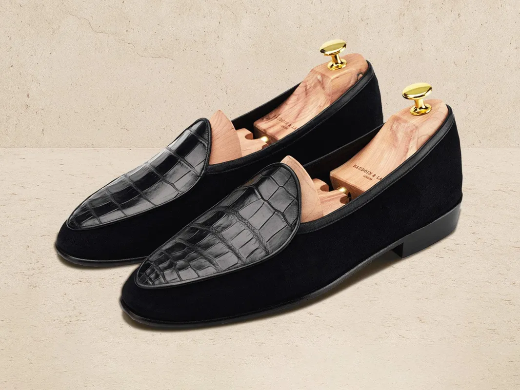 Sagan Classic Precious Leather Loafers in Black Suede and Crocodile sold by Baudoin & Lange