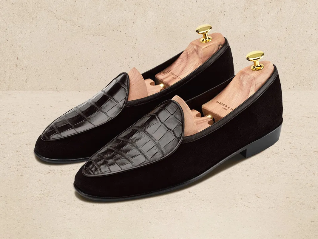 Sagan Classic Precious Leather Loafers in Dark Brown Suede and Crocodile made by Baudoin & Lange