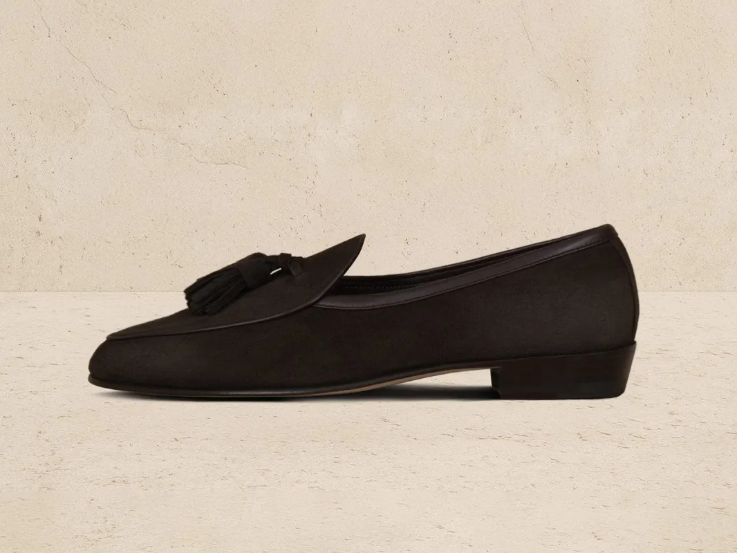 Sagan Classic Tassel Loafers in Lusitanias Dark Brown Asteria Suede sold by Baudoin & Lange