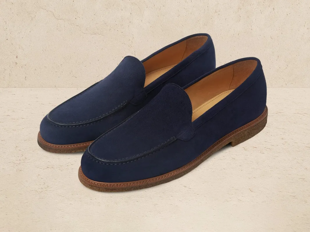 Antibes Loafers in Marina Navy Luxe Suede sold by Baudoin & Lange