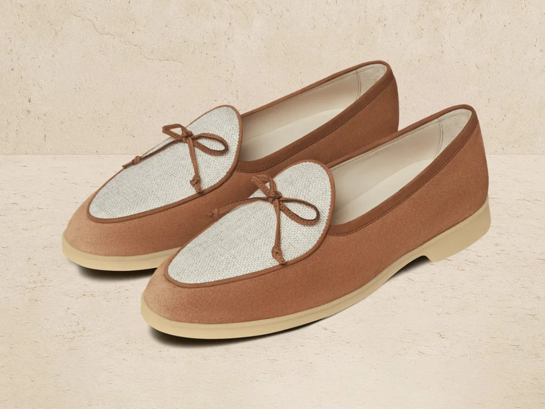 Stride String Loafers in Casaque Glove Suede and Linen Merlinen sold by Baudoin & Lange