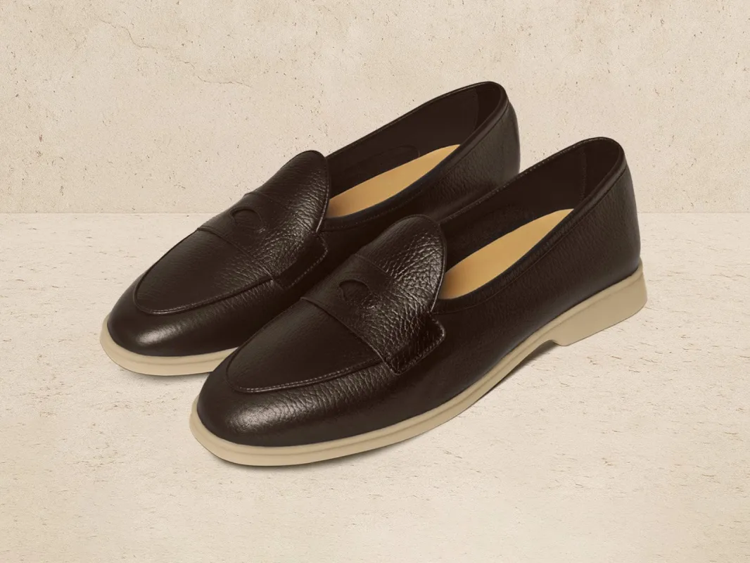 Stride Penny Loafers in Dark Brown Moorland Calf with Natural Sole sold by Baudoin & Lange