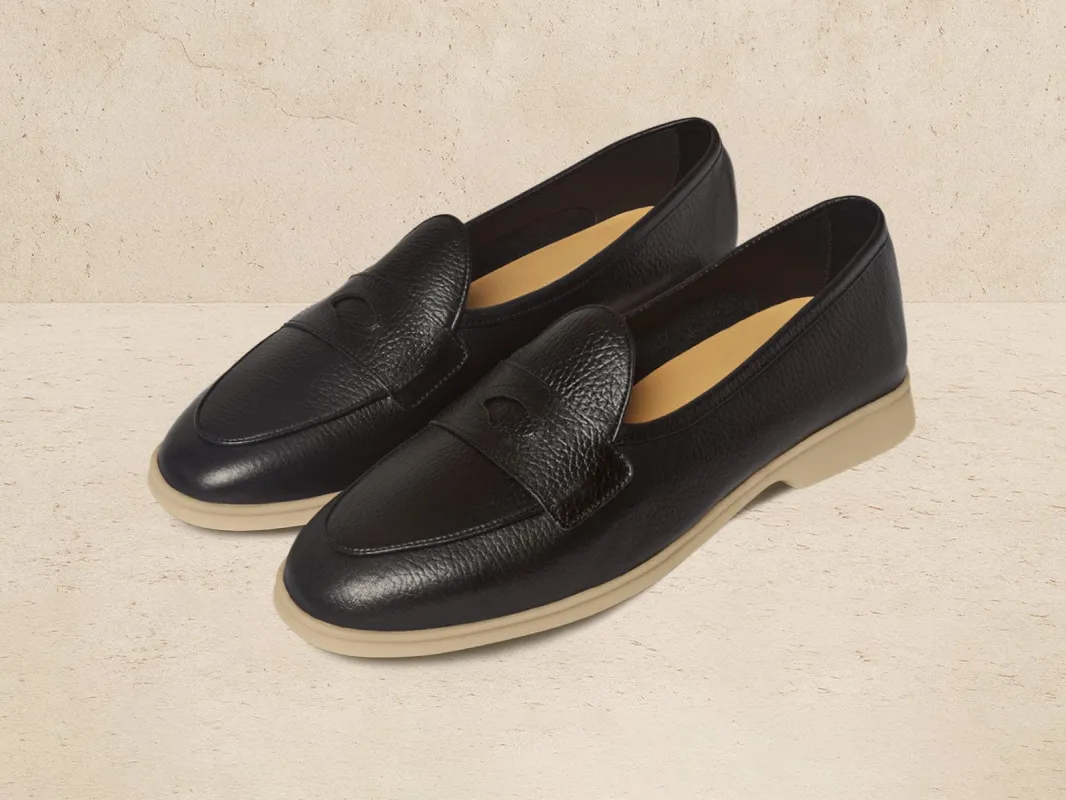 Stride Penny Loafers in Black Moorland Calf with Natural Sole made by Baudoin & Lange