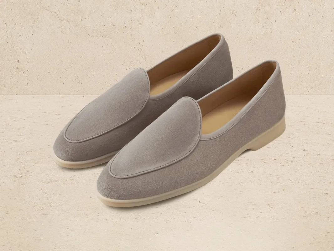 Stride Loafers in Sandy Grey Glove Suede Natural Sole sold by Baudoin & Lange