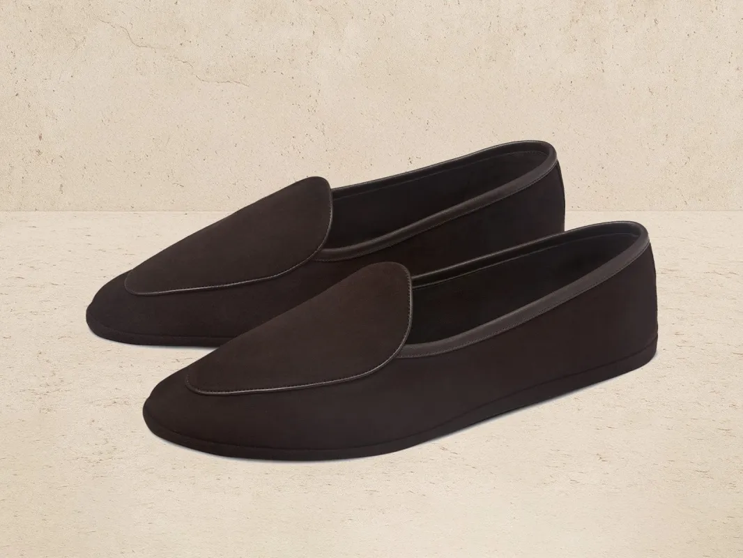 Lune Slippers in Dark Brown Luxe Suede sold by Baudoin & Lange