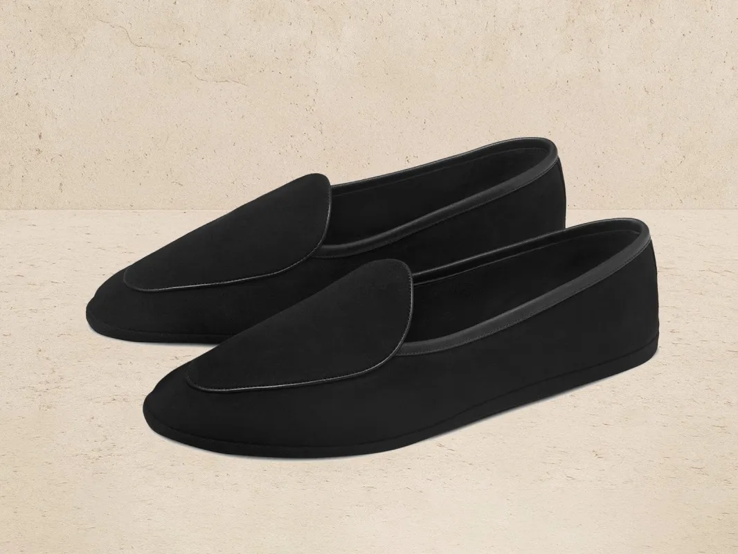 Lune Slippers in Black Luxe Suede sold by Baudoin & Lange