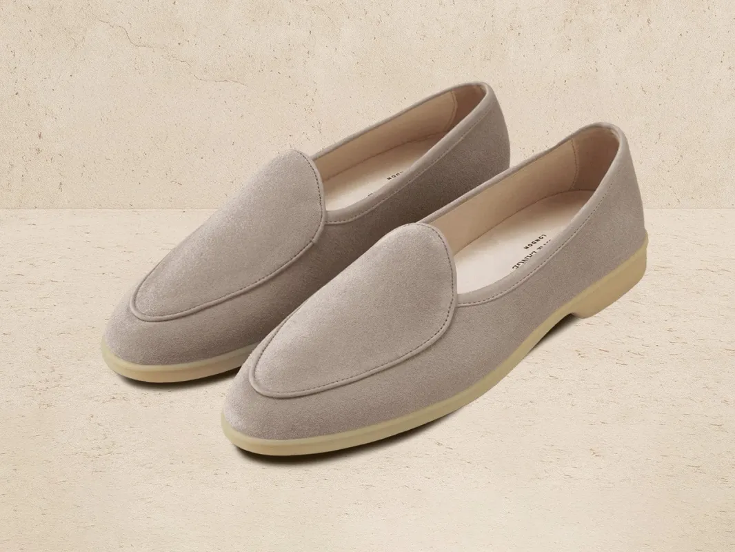 Stride Loafers in Sandy Grey Glove Suede Natural Sole sold by Baudoin & Lange