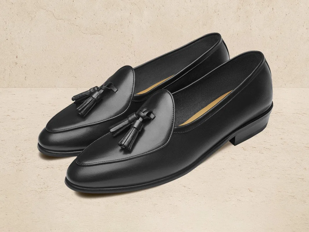Sagan Rubber Tassel Loafers in Black Drape Calf sold by Baudoin & Lange