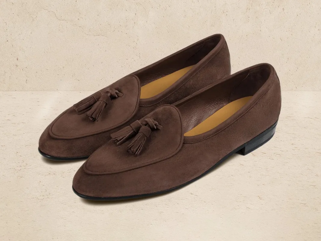 Sagan Rubber Tassel Loafers in Deep Taupe Asteria Suede made by Baudoin & Lange
