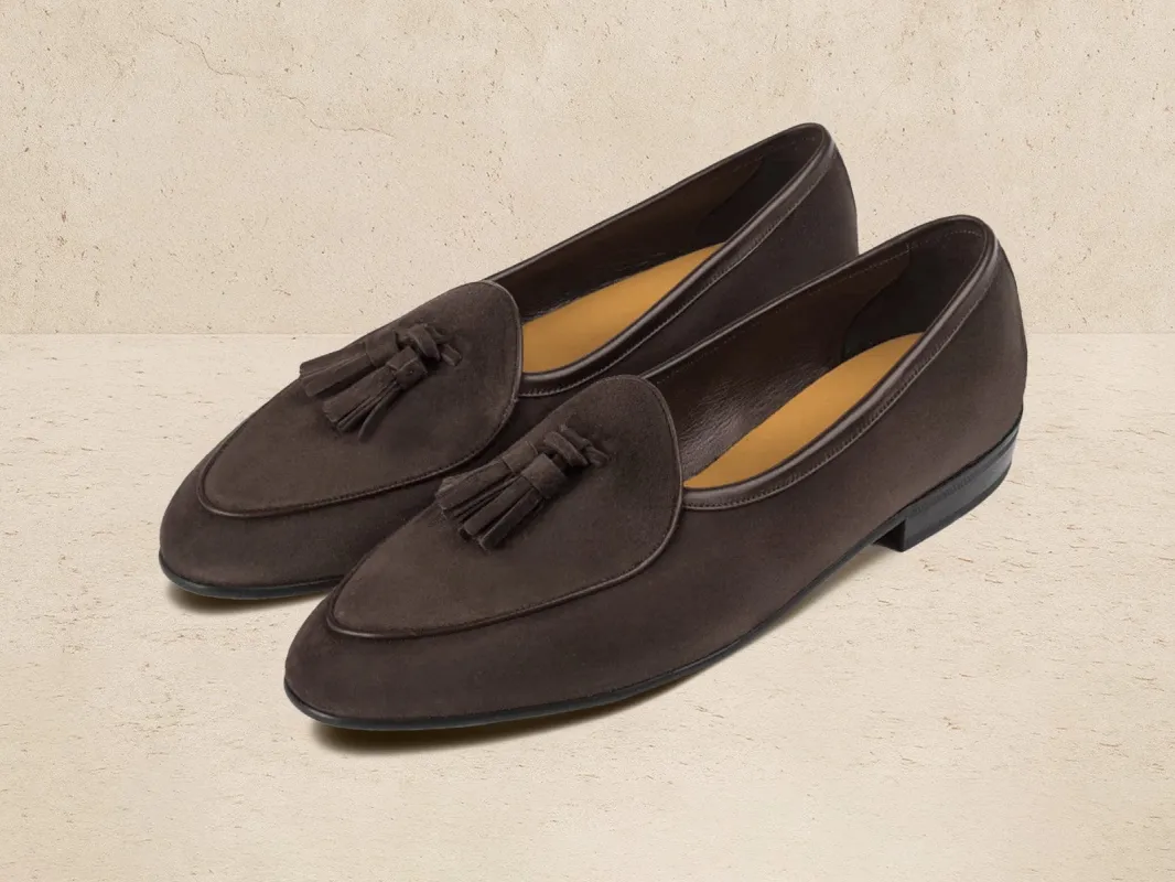 Sagan Rubber Tassel Loafers in Lusitanias Dark Brown Asteria Suede sold by Baudoin & Lange