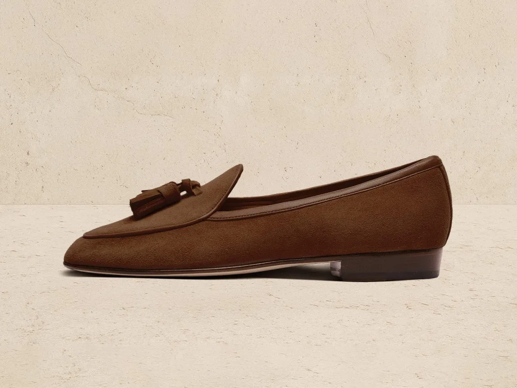 Sagan Classic Tassel Loafers in Moyen Brown Asteria Suede sold by Baudoin & Lange