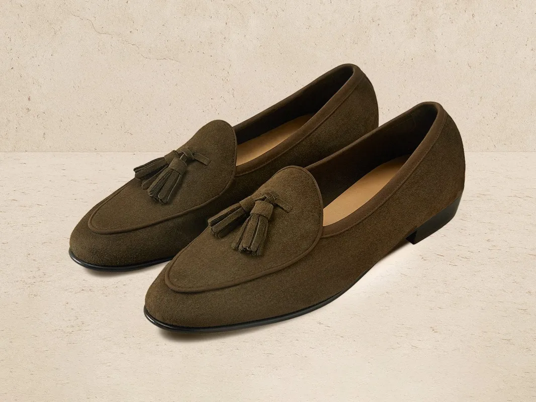 Sagan Classic Tassel Loafers in Olivine Green Asteria Suede sold by Baudoin & Lange