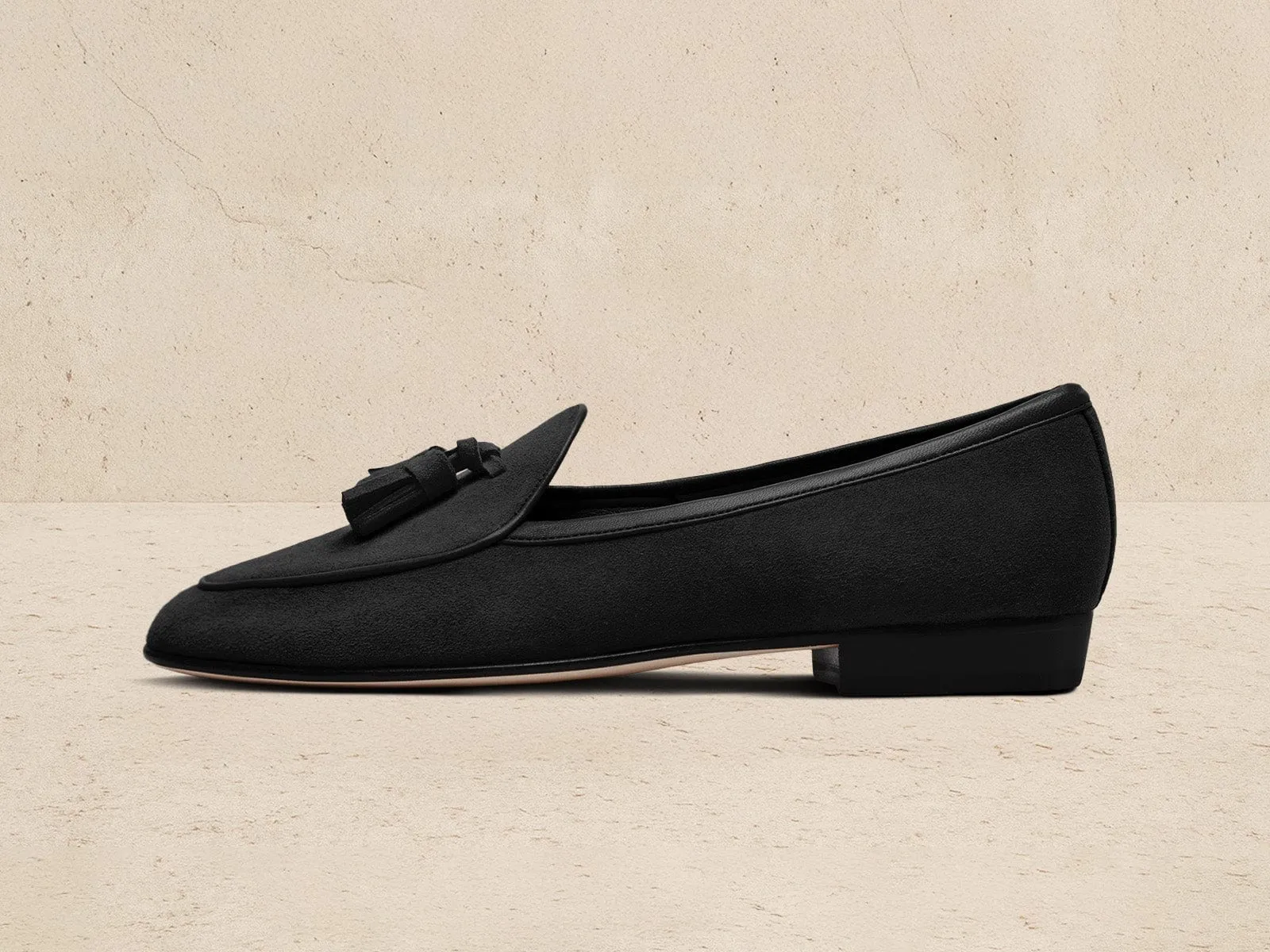 Sagan Classic Tassel Loafers in Obsidian Black Asteria Suede sold by Baudoin & Lange
