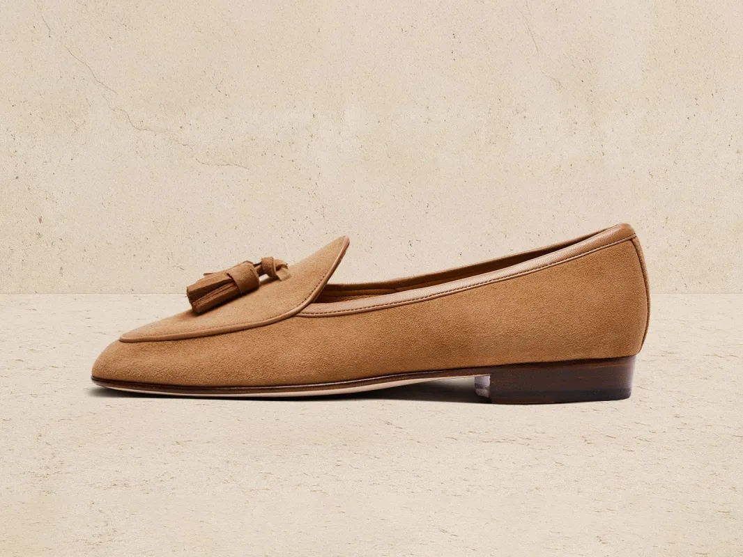 Sagan Classic Tassel Loafers in Alezan Asteria Suede sold by Baudoin & Lange