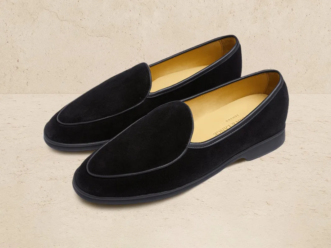 Stride Loafers in Black Glove Suede Dark Sole sold by Baudoin & Lange