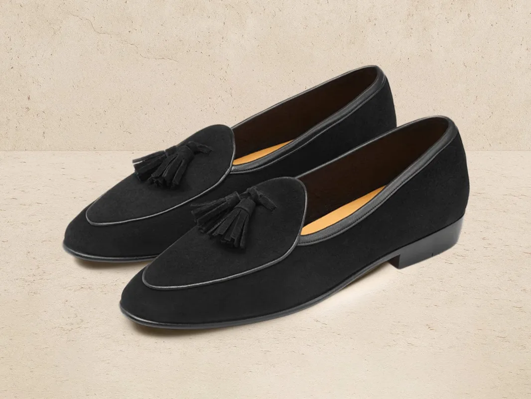 Sagan Classic Tassel Loafers in Obsidian Black Asteria Suede sold by Baudoin & Lange