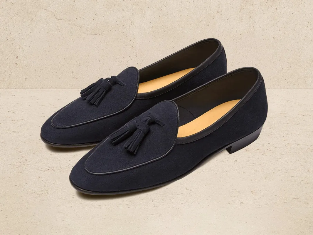 Sagan Classic Tassel Loafers in Midnight Navy Suede sold by Baudoin & Lange