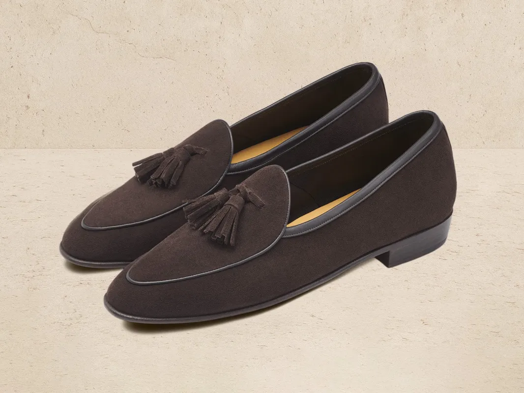 Sagan Classic Tassel Loafers in Lusitanias Dark Brown Asteria Suede sold by Baudoin & Lange