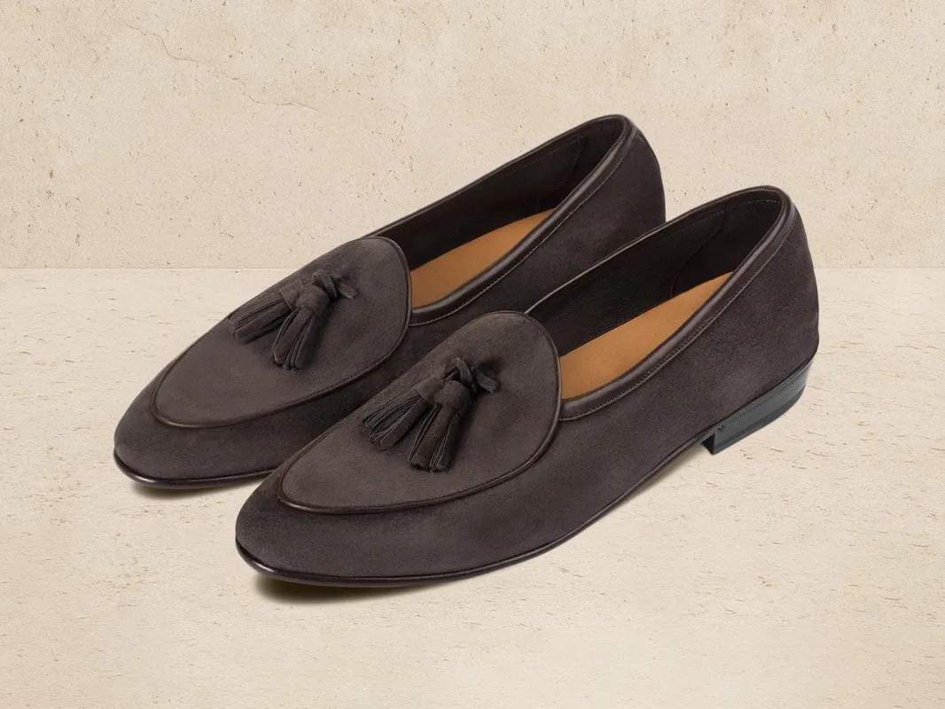 Sagan Classic Tassel Loafers in Bark Grey Asteria Suede sold by Baudoin & Lange