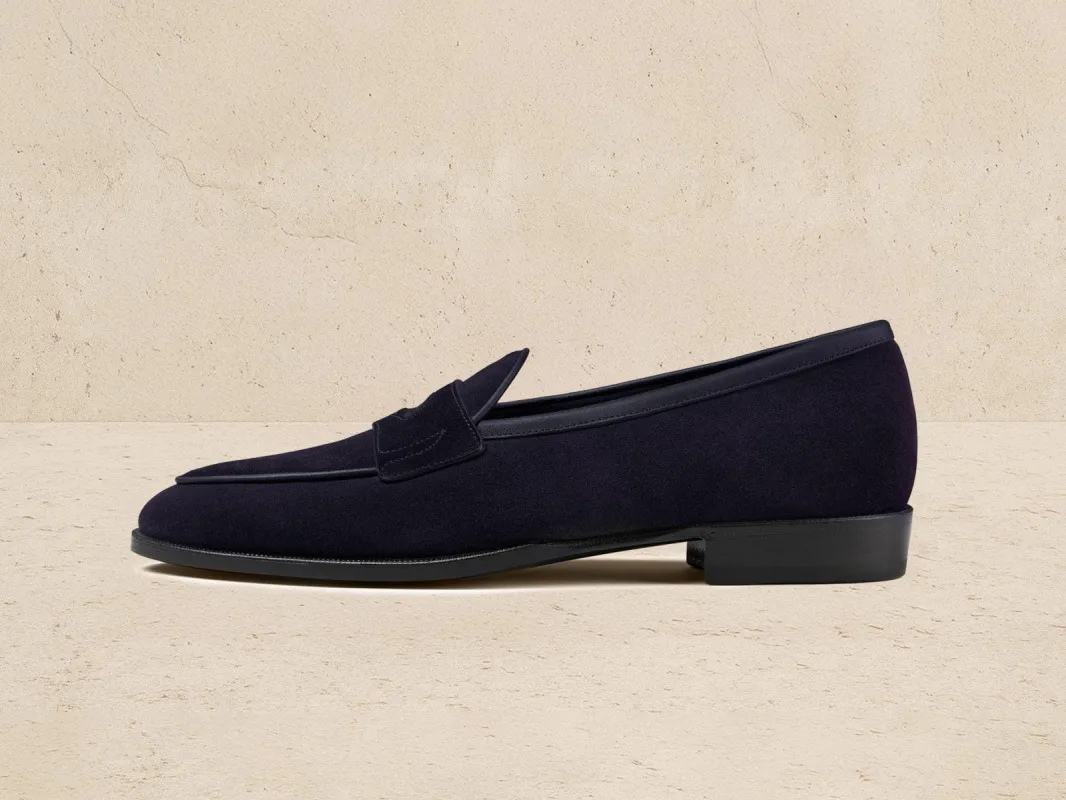 Grand Fenelon Penny Loafers in French Navy Noble Suede sold by Baudoin & Lange