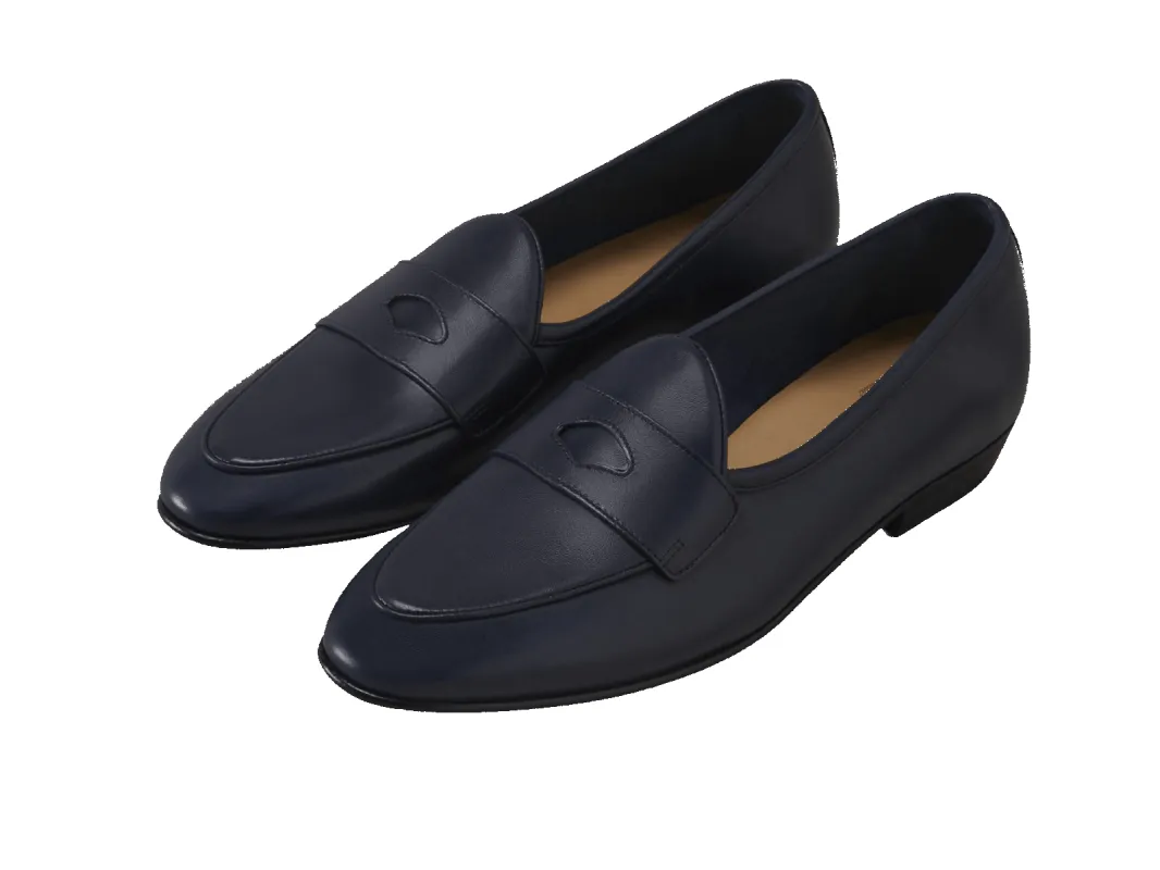 Sagan Classic Ginkgo Loafers in French Navy Drape Calf sold by Baudoin & Lange