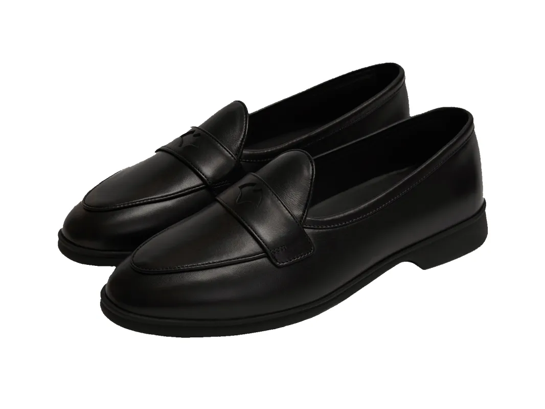 Stride Penny Loafers in Black Milled Calf Dark Sole made by Baudoin & Lange