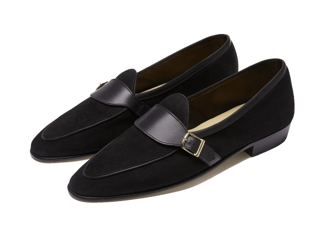 Sagan Classic Buckle in Black Asteria Suede and Marmo Calf sold by Baudoin & Lange