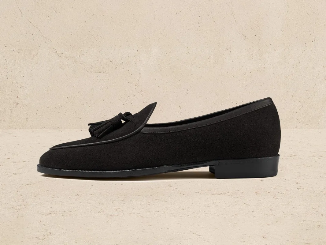 Grand Seine Tassel Loafers in Black Noble Suede sold by Baudoin & Lange