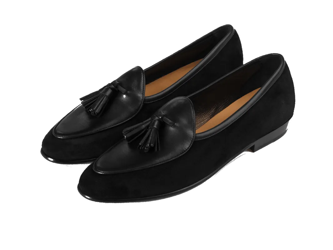 Sagan Classic Tassel Loafers in Obsidian Black Suede and Black Drape Calf with Rubber Grip sold by Baudoin & Lange