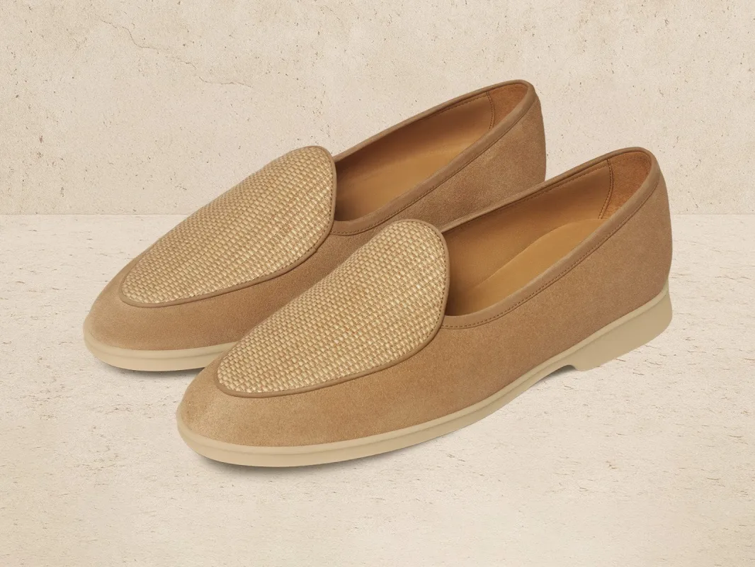 Stride Loafers in Caramel Glove Suede and Raffia with Natural Sole made by Baudoin & Lange
