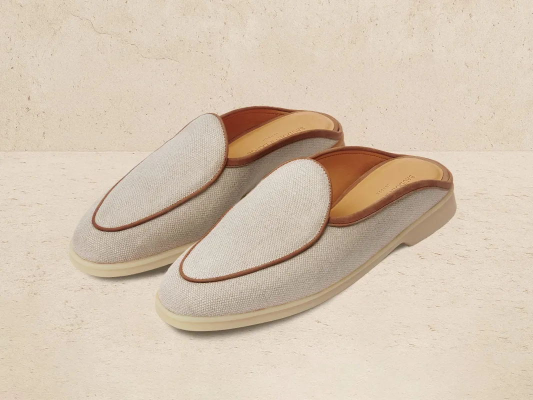 Stride Mule Loafers in Vachette Linen with Natural Sole made by Baudoin & Lange